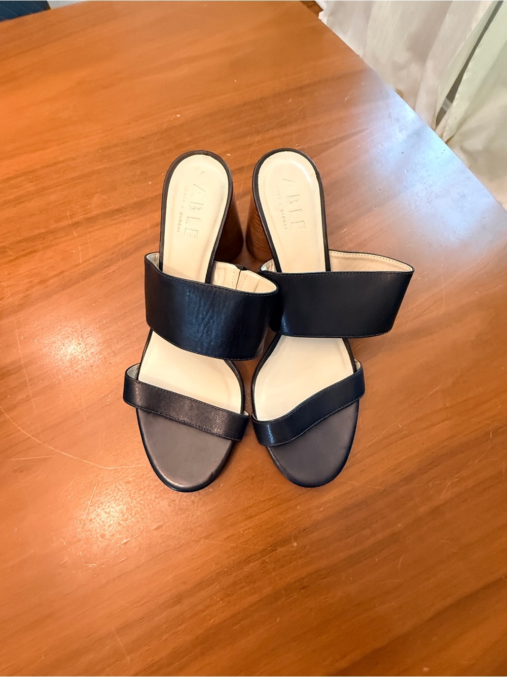 ABLE Black Leather Slide Sandals